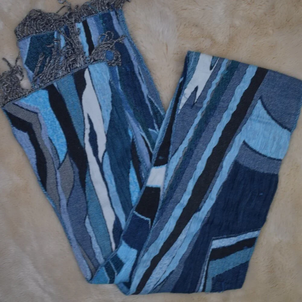 Tolani Blue Black Colorful Long Fringe Scarf